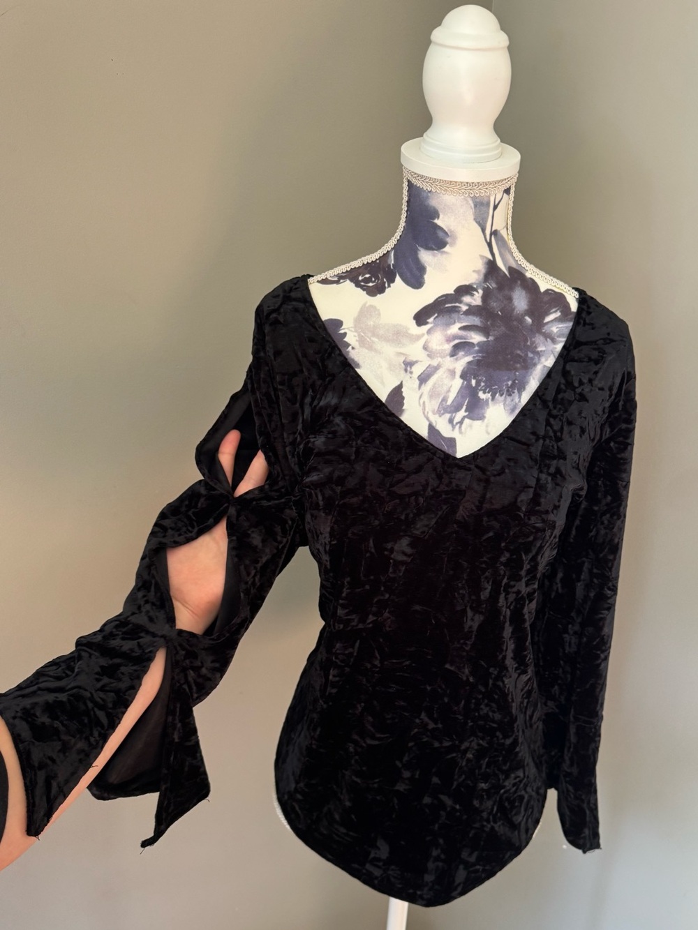 Vintage Scorpio Black Velvet V-Neck Blouse with Cut Out Sleeves